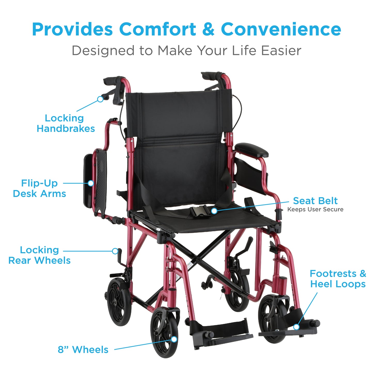 Lightweight Transport Chair with Locking Hand Brakes