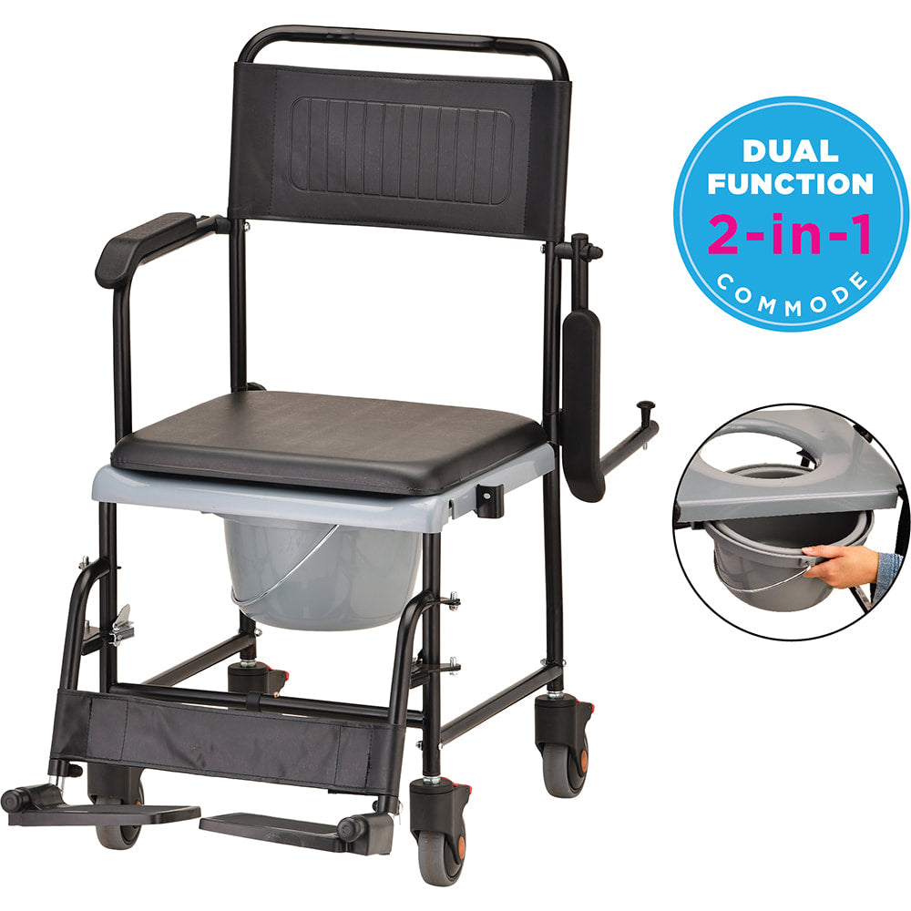 Drop Arm Commode Transport Chair with Wheels